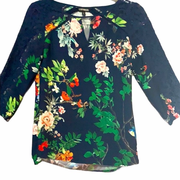 Express Tops - Express Lace Sleeve Floral Cardinal Print Blouse